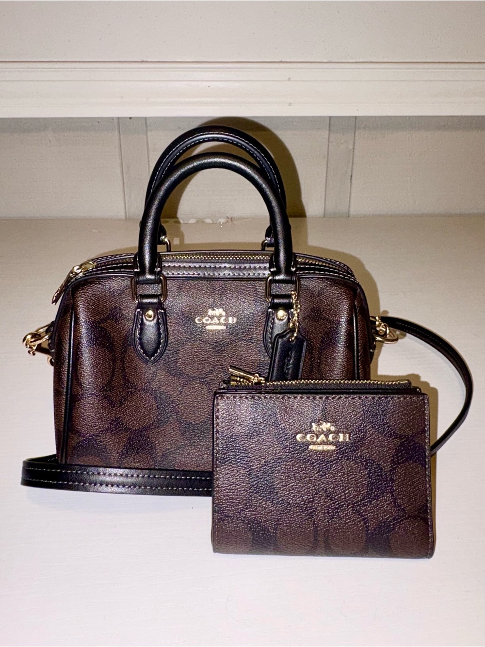 Coach Mini Rowan Crossbody Bag CW329 Gold Walnut Black & Bi-Fold Wallet CM852